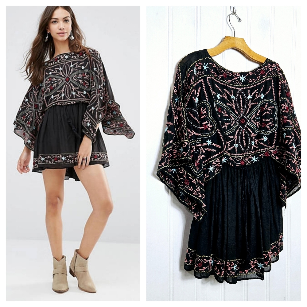 Free People Dress XS Black Embroidered Open Back Boho Cape Sleeve Mini